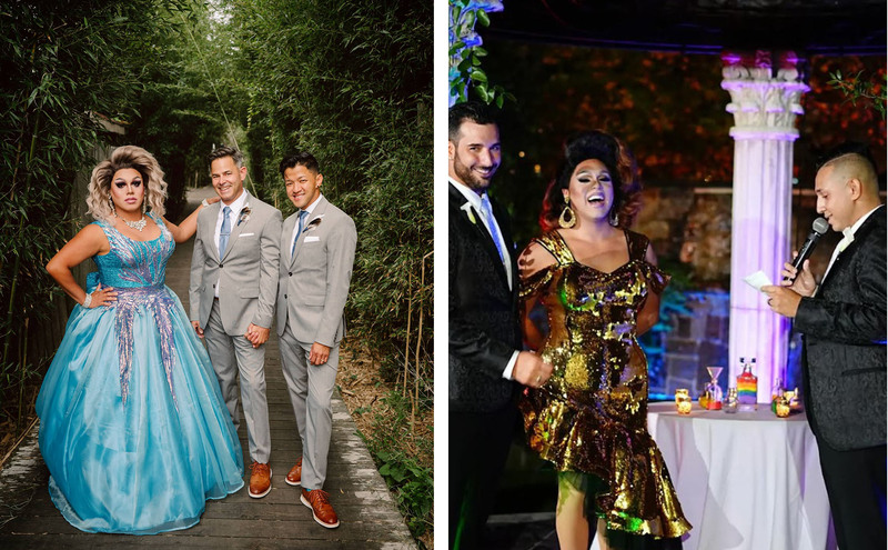 Two photos collaged of Officiant & Drag Performer Pixie Ventura with happy newlyweds