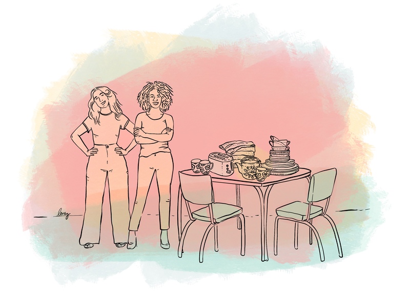 A stylized line drawing of two woman standing next to a table filled with their wedding gifts.