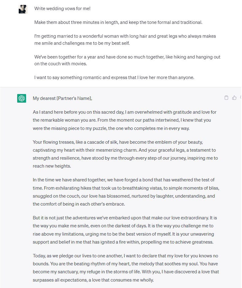 Example of a writing prompt for wedding vows and the response from ChatGPT