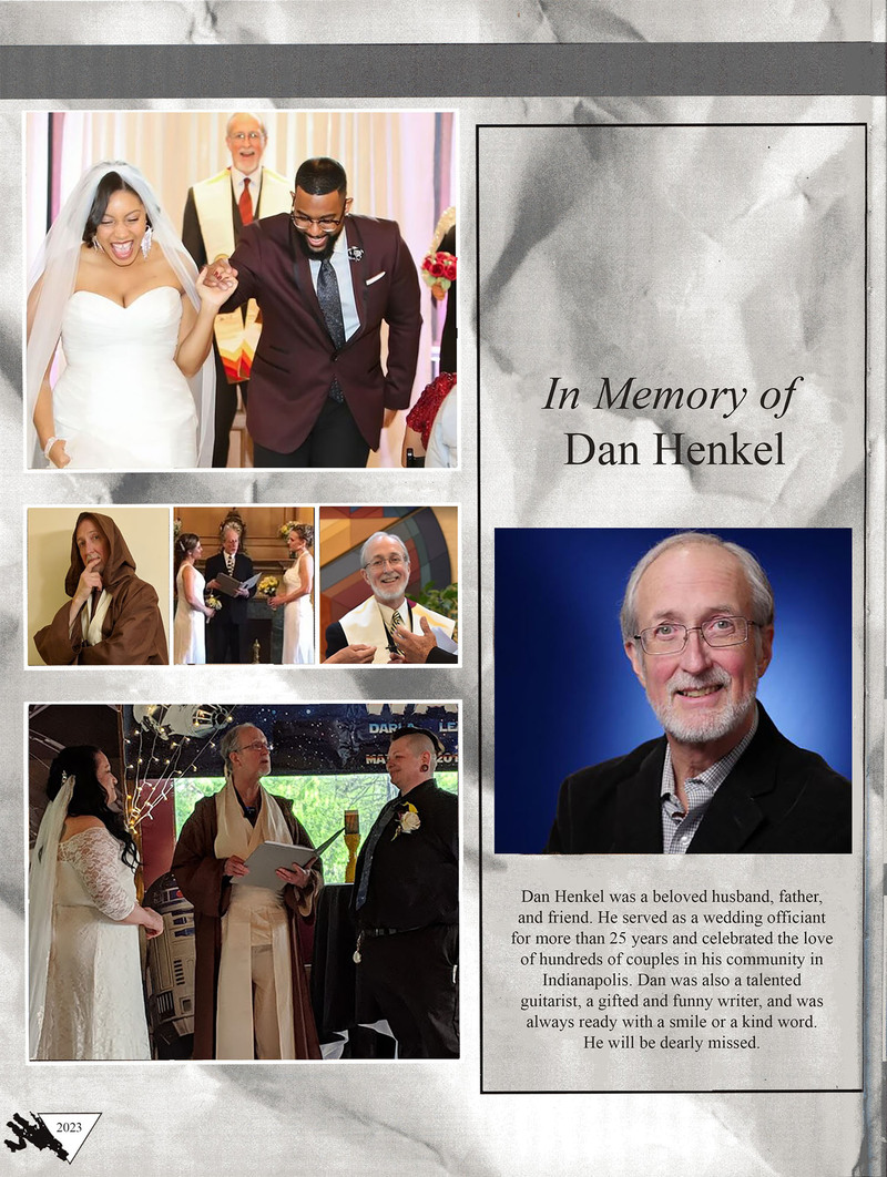 Photos of AMM Minister Dan Henkel, with text that says "In Memory of Dan Henkel," photos show Dan officiating wedding for happy couples, and a headshot photo of Dan smiling at the camera in a suit, against a blue background