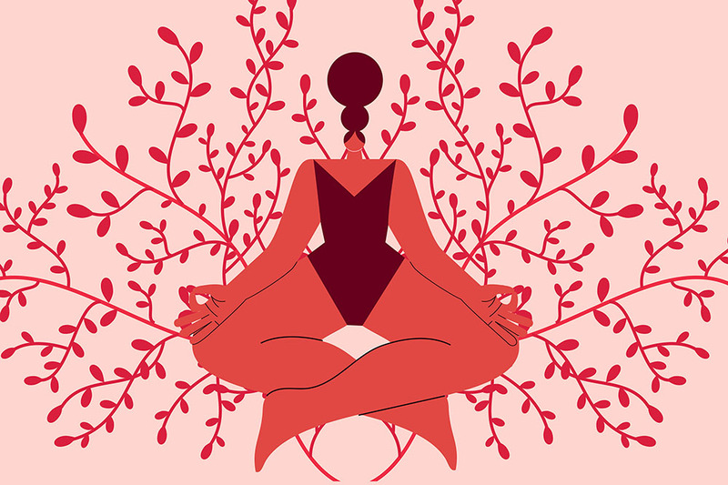 Illustration of a femme figure in meditation pose, lotus pose, surrounded by stylized vines and leaves