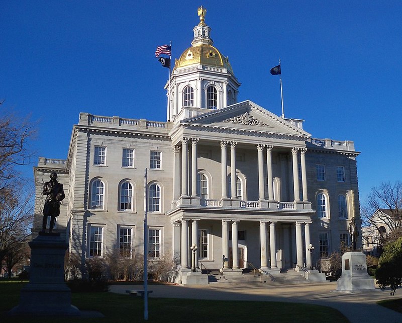 New Hampshire capital building where new marriage laws are passed in Concord,, blue sky behind 