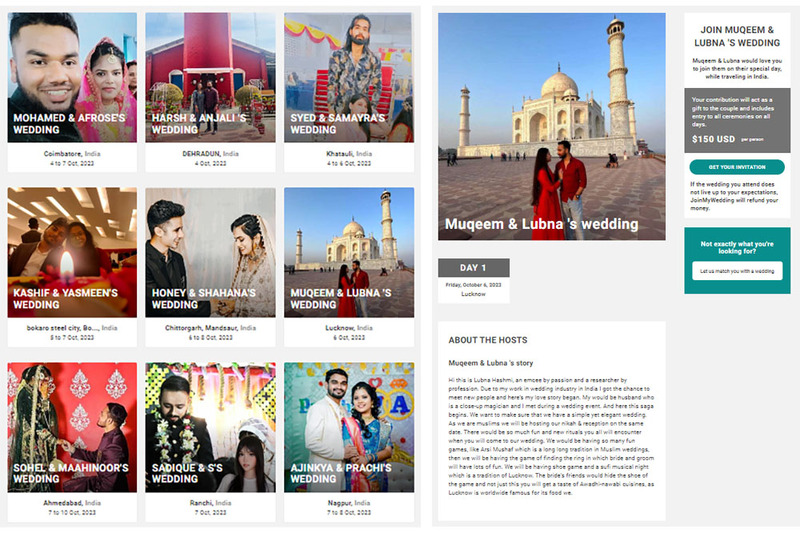 Side by side screenshots from Join My Wedding wedding directory, showing several wedding listed by hosts (on the left) and details from one upcoming wedding (on the right)