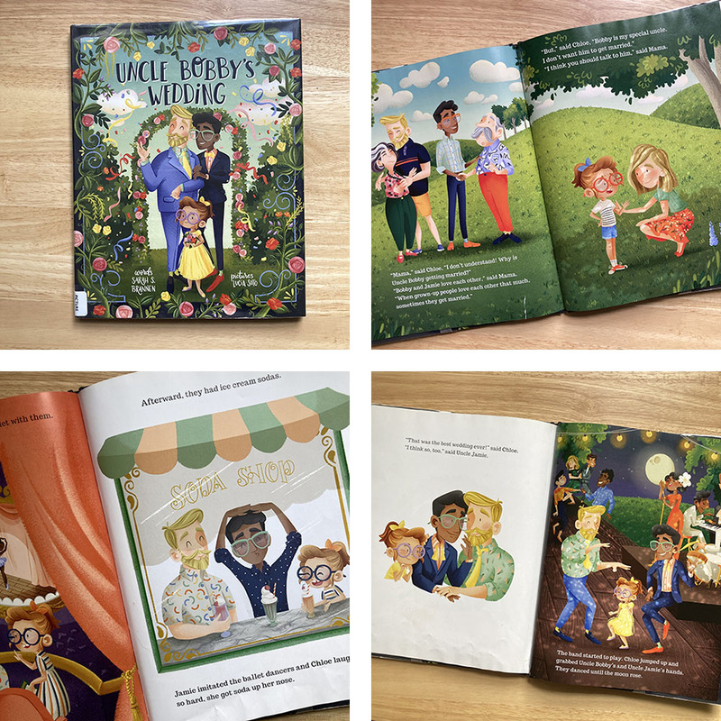 Collage of photos of the book Uncle Bobby's Wedding, showing colorful illustrations 