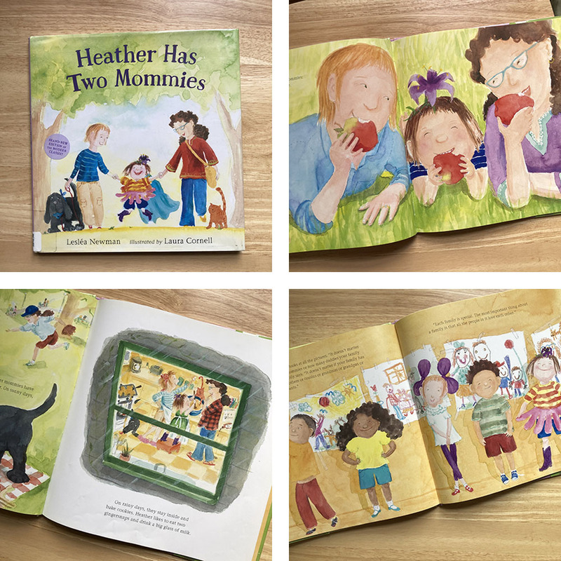 Photos of the book Heather Has Two Mommies, showing colorful illustrations inside