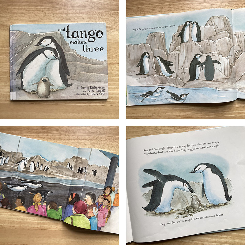 Photos of the kids book And Tango Makes Three, showing illustrations from inside