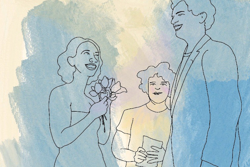 Watercolor illustration of a couple on their wedding day with the officiant