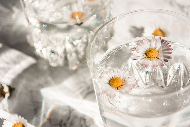 Close up photo of water glasses with daisies