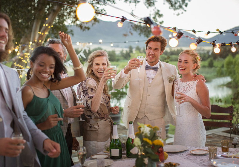 Bride, groom, officiant, and friends raise a glass in a toast around the table outdoors during a wedding reception