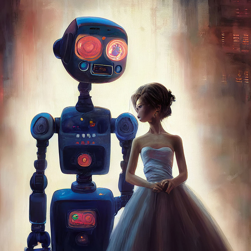 A robot wedding officiant stands next to the bride at a wedding ceremony