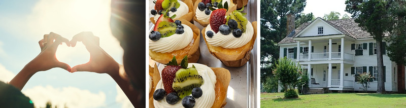 Three photos: Couple forms a heart with their hands in front of the sun, close up of fruit topped cucakes from Just Desserts, and the exterior of the historic Potts Inn Museum, a pretty white building from the 1800s