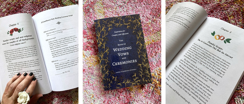 Images of the book open to various pages, showing illustrations, sample wedding ceremony scripts, and written wedding vows