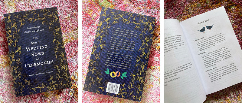 Images of the front and back cover of the Book of Wedding Vows and Ceremonies, a dark blue book with white lettering and golden plant branches