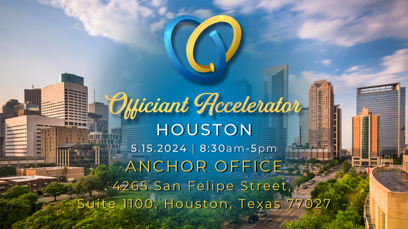promotional image for Officiant Accelerator Houston Texas, showing a view of the city with branding and title overlayed