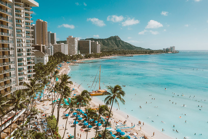 View of buildings and shoreline in Waikiki
