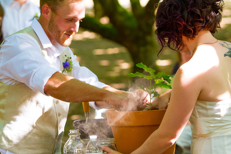 Groom and bride sit in the shade on a sunny day, planting their unity tree during the wedding ceremony