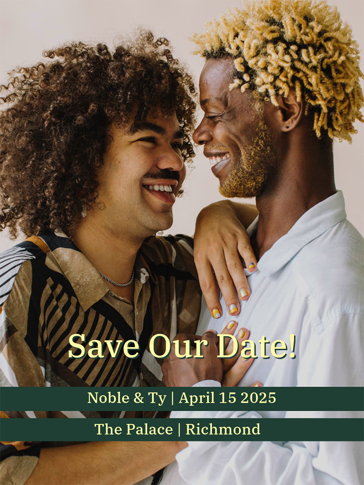 Photo of a queer couple embracing and smiling at each other, with details about their upcoming wedding