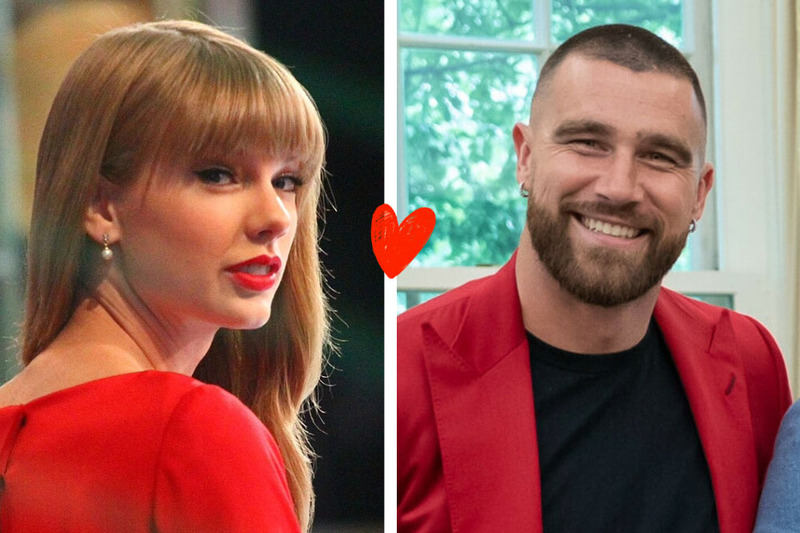 Photo collage of Taylor Swift and Travis Kelce wearing red