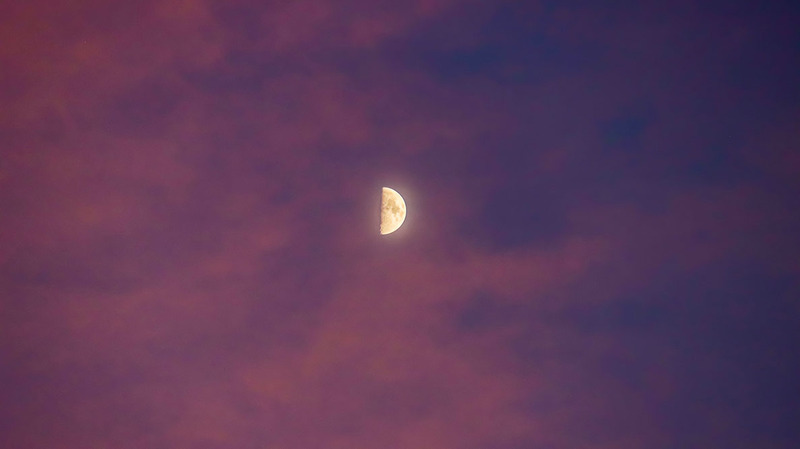 A first quarter moon, or half moon, against pink clouds at night