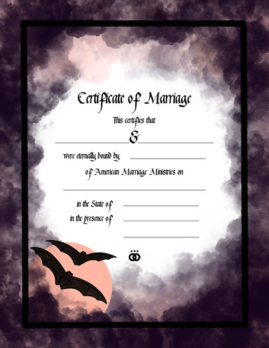 Specialty wedding certificate with full moon and bats and gothic lettering 