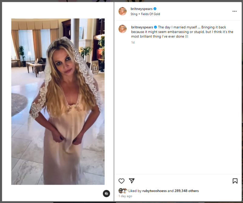 Screenshot from Britney Spears instagram, shows Britney Spears wearing a silk wedding gown and white wedding veil