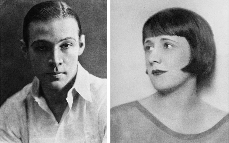 Two photos side by side, on the left is a portrait of Rudolph Valentino, the silent film star. On the right is a portrait of silent film star Jean Acker, showing her profile.