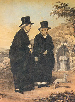  An oil picture on canvas of the Ladies of Llangollen, showing two older women in black top hats and black cloaks walking in the Irish countryside
