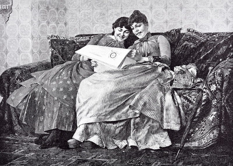 Vintage illustration of two women sitting on the sofa reading a newspaper