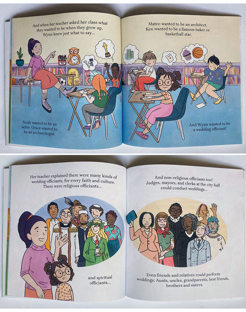 PHotos from the interior pages of Wynn the Wedding Officiant, illustrations by Jessica Levey show a classroom where children are learning and drawings of the different types of wedding officiants