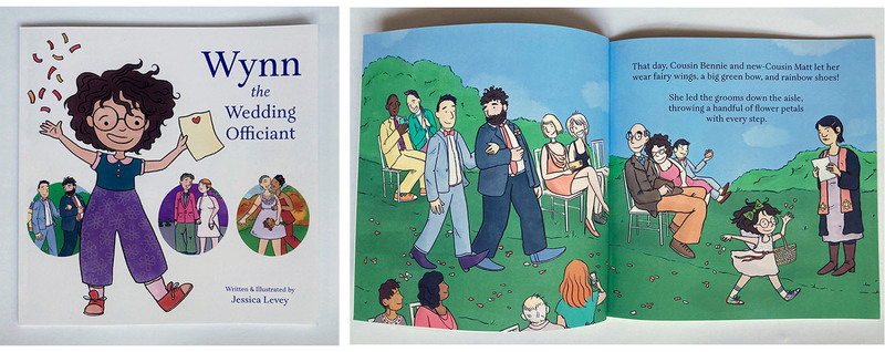 Two photos side by side, the cover of Wynn the Wedding Officiant children's book about weddings, and an interior illustration showing a gay marriage ceremony outdoors with friends and family members