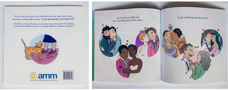 Two photos side by side, the back cover of Wynn the Wedding Officiant, and interior illustrations showing diverse couples in love on the wedding day