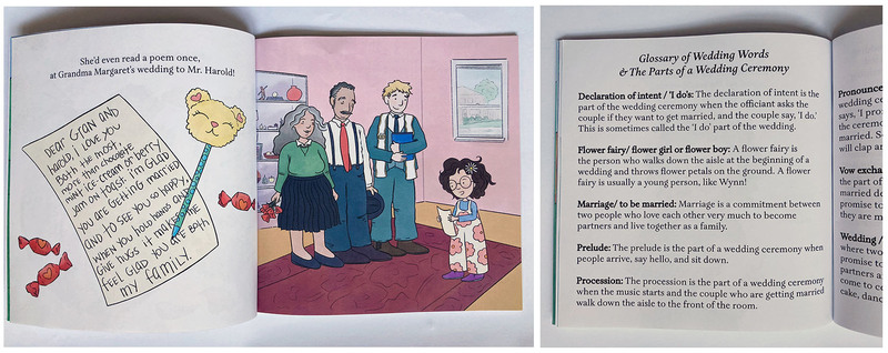Interior illustrations from Wynn the Wedding Officiant illustrated and written by Jessica Levey, with an image of the wedding words glossary
