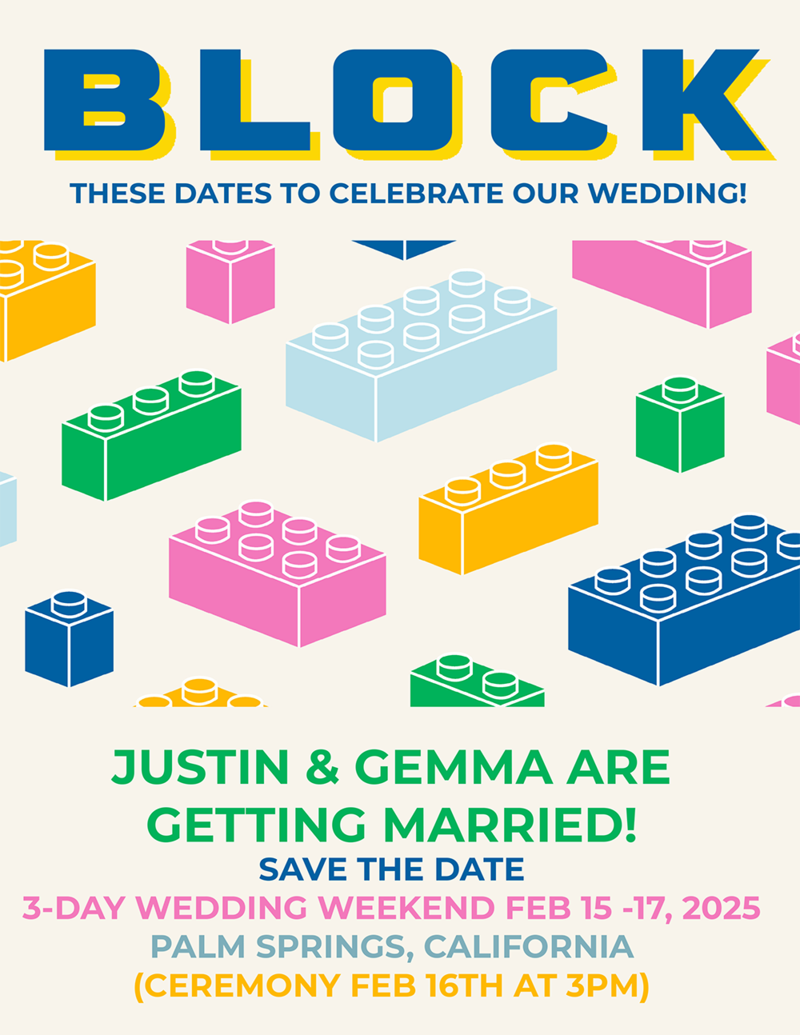 Sample Lego theme wedding invitation / save the date 