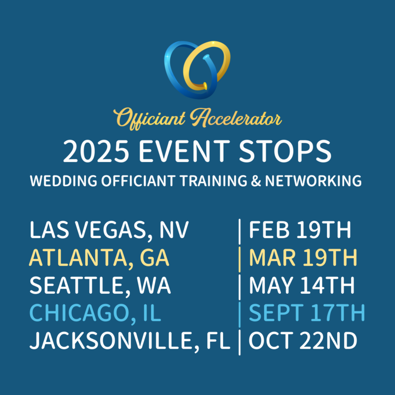 Image of all the Officiant Accelerator dates and locations, the 2025 schedule