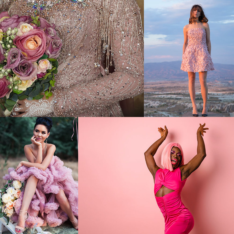 Four images of brides in different types of pink wedding dress ideas
