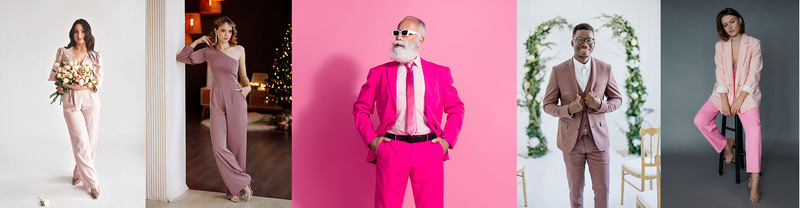 Five different pink suits for a wedding, jumpsuit, two piece suit, men and women in pink wedding suits