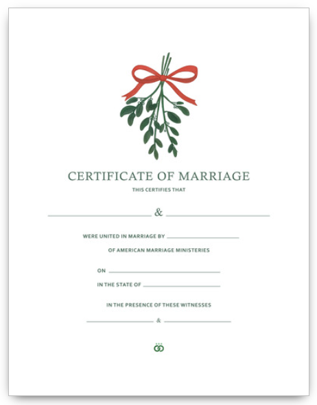 Winter wedding certificate with mistletoe and a red ribbon