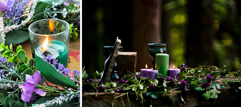 Two images of Druid wedding altars with candles, flowers, herbs, and plants