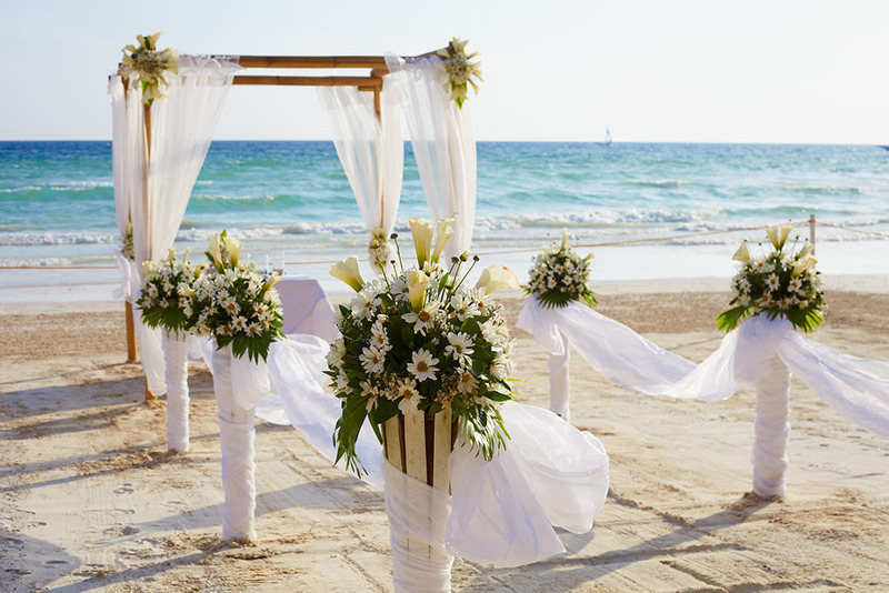 A wedding canopy set up on  the beach with flowers lining the wedding aisle