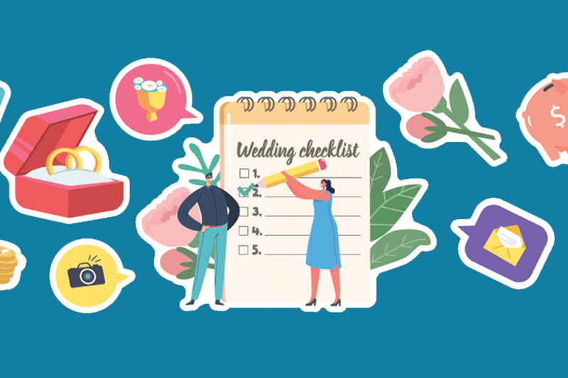 stylized image of a couple checking things off the wedding planning checklist