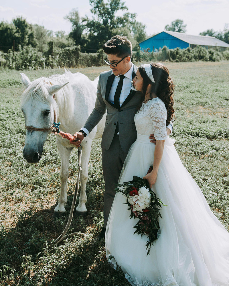 Bride and groom pose with a white horse on the wedding day