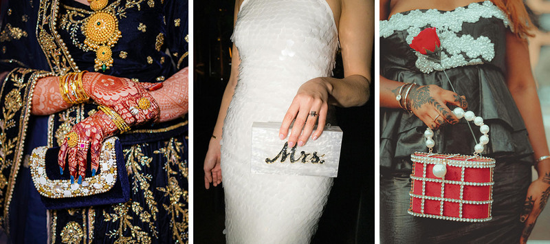 Tres imágenes, una al lado de la otra, de diferentes novias sosteniendo bolsos el día de la boda en estilos muy diferentes.