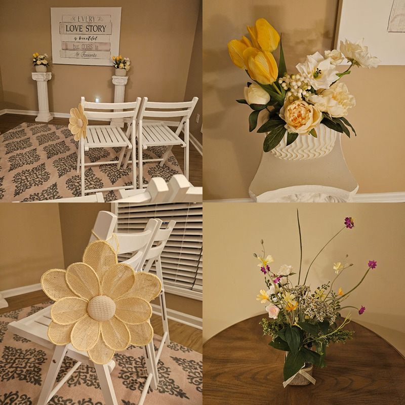 Four photos collaged of the Weddings w/TMS wedding venue in Lexington, South Carolina, not far from Columbia. The photos show a warm, welcoming pace decorated with flowers, prints, and other sweet wedding decor