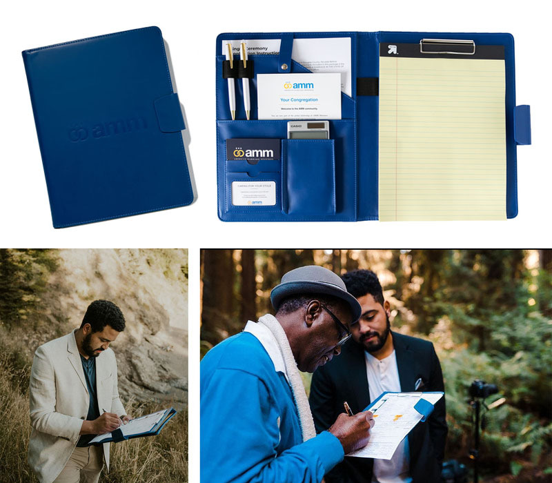 A group of images, the AMM officiant folio front, interior, and photos of a wedding officiant using the folio during a ceremony