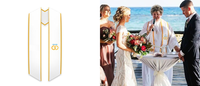 a product photo of the AMM white satin officiant / minister stole, and a photo of a wedding officiant wearing it during a wedding ceremony
