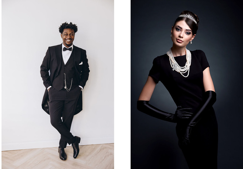 a man in formalwear, white white attire, black tux with tailcoat, and a woman in evening gown, gloves, and tiara