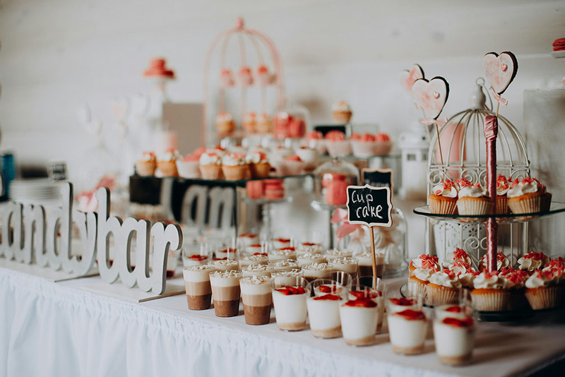 A beautiful wedding desserts display, with cupcakes and other treats