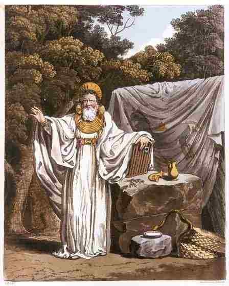 Old illustration of a Druid raising his arms during an outdoor ceremony