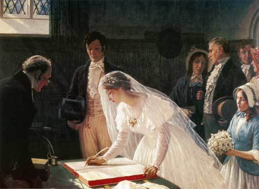 painting of a young bride in a white wedding dress and veil leaning over a table in front of her marriage officiant to sign the marriage license after the wedding ceremony