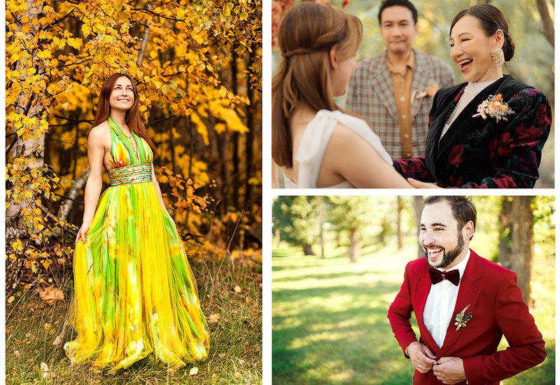 Three photos, each showing a wedding guest in colorful formalwear for wedding